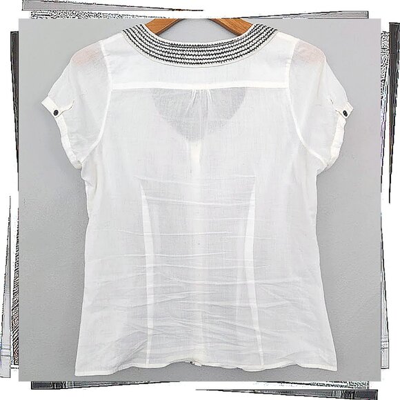 Sheer White Cotton Button Down w/ Black Viscose Embroidered Trim (4 US / UK 8) - Picture 2 of 4